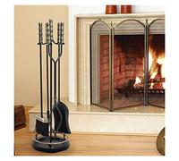 Ensemble d'outils de cheminée avec poignées en laiton 5 pièces en fonte pour cheminée intérieure et extérieure Comprend un balai, un tisonnier, une pelle à cendres et une pince, idéal pour tous