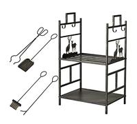 Ensemble d'outils de cheminée en 5 pièces avec porte-feu de bois de bois de feu de bois noir lourd en fer forgé de feu de feu avec un support de pinceau de pinces de poker (taille: 51,5 × 33 ×