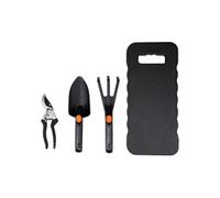 BLACK+DECKER Ensemble jardin 4 pièces – Tapis genoux, sécateur 13 mm, pelle et griffe – Noir/Orange