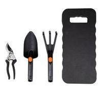 BLACK+DECKER Ensemble jardin 4 pièces – Tapis genoux, sécateur 13 mm, pelle et griffe – Noir/Orange