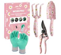 WORKPRO Ensemble d'Outils de Jardinage 4 Pièces, Outils en Acier Inoxydable avec Gants, Sécateur, Truelle de Jardin, Râteau à Main, Idéal pour Taille et Entretien, Cadeaux de Jardinage, Rose Imprimé