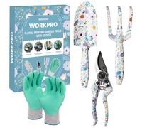 WORKPRO Ensemble d'Outils de Jardinage 4 Pièces, Outils en Acier Inoxydable avec Gants, Sécateur, Truelle de Jardin, Râteau à Main, Idéal pour Taille et Entretien, Cadeaux de Jardinage, Blanc Imprimé