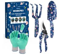 Ensemble d'Outils de Jardinage 4 Pieces WORKPRO, Outils en Acier Inoxydable avec Gants, Secateur, Truelle de Jardin, Rateau a Main, Ideal pour Taille et Entretien, Cadeaux de Jardinage, Bleu Imprime