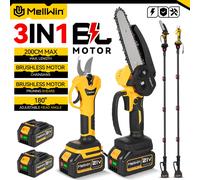 Ensemble d'outils de jardinage MELLWIN Brushless 4 en 1 : tronçonneuse électrique de 6 pouces et sécateur de 30 mm avec perche télescopique de 2 m pour batterie Makita 18 V