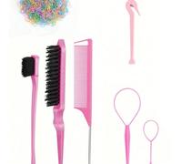 Ensemble d'outils pour cheveux 7 pièces, comprenant 2 outils de tressage à la française, 1 peigne à queue pointue, 1 brosse démêlante, 1 peigne double face, 1 extracteur de bandes élastiques portable 