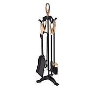 Ensemble d'outils rustiques en Fer forgé Noir 5 pièces avec poignée dorée, Comprenant des Accessoires de Foyer à Soufflet et Un Support pour Le Coin du feu