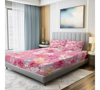 Ensemble Drap Housse Et Taie d'oreiller, Imprimé Art Numérique Fleurs Petites Fleurs Colorées Microfibre avec Élastique pour Matelas Epais - Draps Housse Confortable (160 x 200 + 30 cm,Rose)