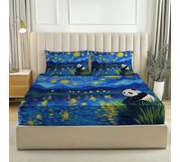 Ensemble Drap-Housse Lit Drap Housse Matelas Microfibre Profondeur 30 Cm 3 Pièces avec 2 Taies D’Oreiller Impressionnisme Pandas Lacs Bleu Marine 140 X 190 Cm