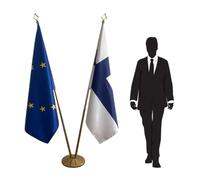 Ensemble drapeaux Finlande et Union Européenne avec support unique - Mâts démontables et socle robuste - Drapeaux intérieurs en polyester haute qualité pour usage officiel. Code CN8-EU-FI-L