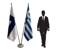 Ensemble drapeaux Grèce et Finlande - Mâts en inox avec pied et socle décoratif - Kit intérieur pour bureaux, ambassades, institutions et événements officiels. Code CN3-FI-GR