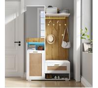 Ensemble Dressing Blanc Bois avec Miroir 5 Patères Dorées Banc Intégré Rangement Chaussures et Éclairage LED RGB 110x38x190cm