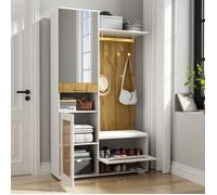 Ensemble dressing mural avec miroir 5 patères dorées meuble à chaussures porte-manteau rangement banc éclairage LED