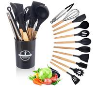 Ensemble d'ustensiles de cuisine 12 pièces en silicone avec poignée en bois antiadhésive et cuillères de cuisine en silicone résistant à la chaleur (noir)