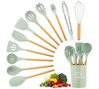 Ensemble d'ustensiles de cuisine 12 pièces en silicone avec support, anti-adhérent avec poignée en bois, ustensiles de cuisine en silicone, spatule, spatule résistante à la chaleur