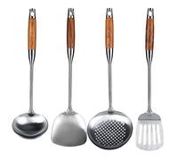 Ensemble d'ustensiles de cuisine 4 pièces, ensemble d'ustensiles de cuisine en acier inoxydable 304 avec manche en bois, comprenant une louche à soupe, une cuillère écumoire fendue