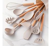 Ensemble d'ustensiles de cuisine avec manche en bois en silicone multicolore, antiadhésif, pot, spatule, cuillère, résistant à la chaleur, F2, 12 pièces 12pcs white