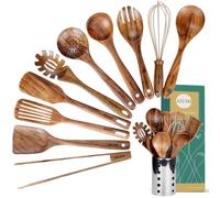 Ensemble d'ustensiles de cuisine avec support, ustensiles de cuisine en bois pour la cuisine, ustensiles en bois de teck naturel pour la cuisine, ensemble d'ustensiles de cuisine en bois avec spatule