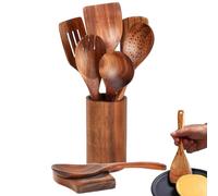 Ensemble d'ustensiles de cuisine - Bois d'acacia naturel 9 pièces | Ensemble d'outils de cuisine en bois avec cuillère, spatule, porte-cuillère et repose-cuillère | Cuillères en bois pour une