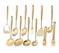 Ensemble d'ustensiles de cuisine dorés, 12 ustensiles de service en laiton mat, outils de cuisine en acier inoxydable 18/10 - Presse-purée, pince, fourchette à viande, spatule, spatule, louche
