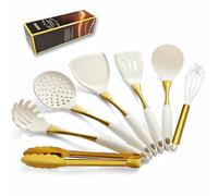 Ensemble d'ustensiles de cuisine élégants en silicone blanc doré - Non toxiques, passent au lave-vaisselle avec poignées confortables résistantes à la chaleur - Comprend une spatule et une cuillère