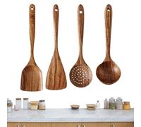 Ensemble d'ustensiles de cuisine en bois naturel - Cuillères de cuisine sûres, anti-rayures, collection de 4 ustensiles de cuisine pour mélanger et servir, article de cuisine avec poignées