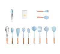 Ensemble d'ustensiles de cuisine en silicone, 12 pièces, avec seau de rangement rotatif, poignées en bois, chaleur jusqu'à 240 °C, gratuit, bleu