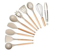 Ensemble d'ustensiles de cuisine en Silicone, antiadhésifs résistants à la chaleur avec manche bois, comprend une spatule, cuillère tournante, un fouet, 10 pièces(10PCS Khaki)