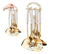 Ensemble d'ustensiles de cuisson, 7pcs / set ustensiles de cuisine Ensemble ustensiles en or en acier inoxydable avec porte-ustensiles Lavage de lave-vaisselle suspendu en métal, cuillère à pâtes (do