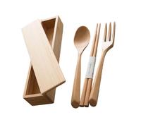 Ensemble d'ustensiles en bois naturel avec fourchette, cuillère, baguettes, compact et essentiel pour le bureau, l'école, la salle à manger en plein air, vaisselle de voyage en bois simple