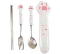 Ensemble d'ustensiles portables avec étui, ensemble de couverts de voyage réutilisables en acier inoxydable avec baguettes, cuillère et fourchette, poignée patte chat pour l'école, le bureau, le p