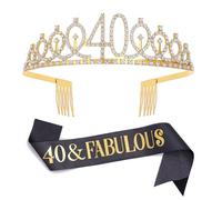 Ensemble écharpe et diadème en strass « 40 & Fabulous » noir et doré pour femme, cadeau d'anniversaire pour femme, décoration de fête d'anniversaire 40 ans (noir), Large, Métal, Astralite