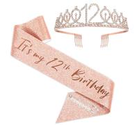 Ensemble écharpe et diadème pour 12e anniversaire - Or rose - Couronne d'anniversaire - Fournitures pour fête d'anniversaire de filles - 1 pièce (lot de 1), alliage, strass, 1 Count (Pack of 1),