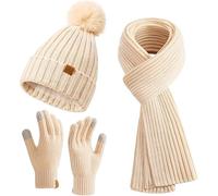 Ensemble écharpe, gants et chapeau pour femme - Bonnet d'hiver avec pompon - Abricot, Abricot, taille unique