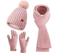 Ensemble écharpe, gants et chapeau pour femme - Bonnet d'hiver avec pompon - Abricot, Rose, taille unique