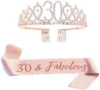 Ensemble écharpe reine d'anniversaire et diadème en strass - 21e 30e anniversaire cadeaux pour femmes - Fournitures de fête (or rose 30th)