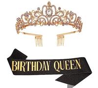 Ensemble écharpe reine d'anniversaire et diadème en strass - 21ème 30 ans. 40. 50. 60e anniversaire cadeaux d'anniversaire écharpe pour femmes fournitures de fête d'anniversaire (noir)