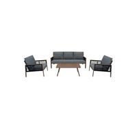 Ensemble Meubles de Jardin En Aluminium Effet Bois 4 Pièces Salon de 3 Places Extérieur Modulaire 2 Fauteuils Table Basse Imperméable Coussins Épaisses Housses Lavables (Housse de Pluie INCLUS)