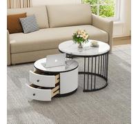 Ensemble élégant de 2 tables basses gigognes blanches, 60*60*45,5 cm et 50*50*32 cm, tables rondes aspect marbre brillant, 2 tiroirs, capacité de charge jusqu'à 30 kg, table basse combinée gigogne