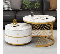 Ensemble élégant de 2 tables basses gigognes blanches, 60*60*46cm et 50*50*30,8cm, tables rondes aspect marbre brillant, 2 tiroirs, capacité de charge jusqu'à 30 kg, table basse combinée gigogne