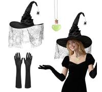 Ensemble élégant de chapeaux de sorcière pour femmes, chapeaux de sorcière avec araignées + collier de potion magique + gants, chapeau de sorcièrer noir,lot 3 chapeaux sorcièrer,festival,déguisement
