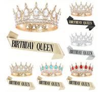 Ensemble élégant de couronne et écharpe en strass pour l'anniversaire des femmes - Tiare dorée étincelante avec plaque "Reine de l'anniversaire", parfait pour les bals, les mariages et les célébration
