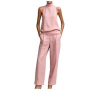 Ensemble élégant pour femme composé manches à col rond coton et lin et pant (Pink,L)