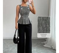 Ensemble élégant pour femmes composé d'un débardeur ajusté à encolure bateau avec texture de tweed automnal et ourlet court, ainsi que d'un pantalon droit noir L,M,S,XLBlocs de couleurÉtoffe