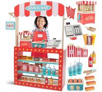 Ensemble en bois pour bar de cinéma - Support de concession amusant - Ensemble complet comprenant machine à pop-corn, Hot Dogs, barres à bonbons, soda, caisse enregistreuse, carte de crédit