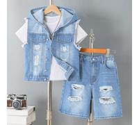Ensemble en jean délavé pour garçon préadolescent - sweat-shirt à capuche et gilet vintage lavé + shorts déchirés, tenue streetwear ample, ensemble polyvalent pour l'été, les vacances et la rentrée sc