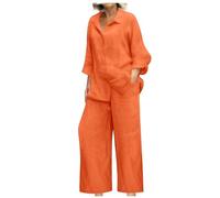 Ensemble en Lin Femme 2 Pièces Offres Spéciales Survêtement Coton et Lin Ete Chic Elegant Grande Taille Chemise + Pantalon Large Décontracté Sport Jogging Respirant Plage Tops + Pantalon 2 Piece Suit