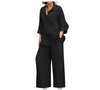 Ensemble en Lin Femme 2 Pièces Offres Spéciales Survêtement Coton et Lin Ete Chic Elegant Grande Taille Chemise + Pantalon Large Décontracté Sport Jogging Respirant Plage Tops + Pantalon 2 Piece Suit