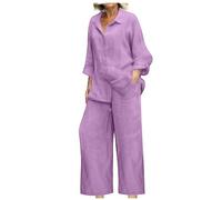 Ensemble en Lin Femme 2 Pièces Offres Spéciales Survêtement Coton et Lin Ete Chic Elegant Grande Taille Chemise + Pantalon Large Décontracté Sport Jogging Respirant Plage Tops + Pantalon 2 Piece Suit