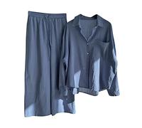 Ensemble en Lin Femme 2 Pièces Survêtement Coton et Lin Ete Chic Elegant Grande Taille Chemise + Pantalon Large Décontracté Sport Jogging Respirant Plage Tops + Pantalon 2 Piece Suit Pas Cher