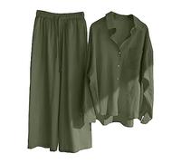 Ensemble en Lin Femme Chic et Elegant Costume 2Pcs Lâche de Couleur Pure À Manches Longues Chemise Vintage et Pantalon Hiver Décontractée Ensemble Vetement Casual Outfit Pas Cher